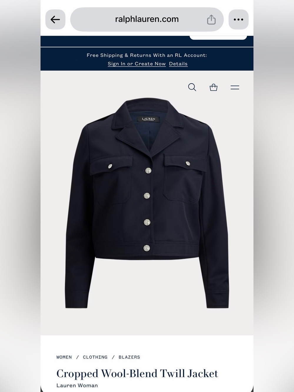 Ralph Lauren Navy Cropped Wool-Blend Twill Jacket